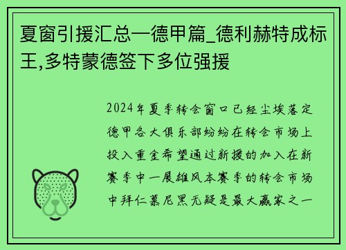 夏窗引援汇总—德甲篇_德利赫特成标王,多特蒙德签下多位强援