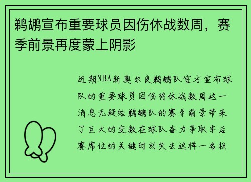 鹈鹕宣布重要球员因伤休战数周，赛季前景再度蒙上阴影