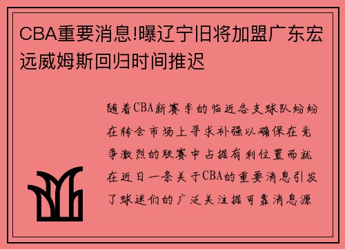 CBA重要消息!曝辽宁旧将加盟广东宏远威姆斯回归时间推迟