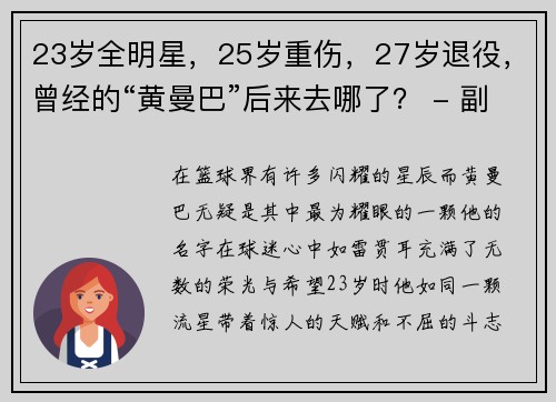 23岁全明星，25岁重伤，27岁退役，曾经的“黄曼巴”后来去哪了？ - 副本